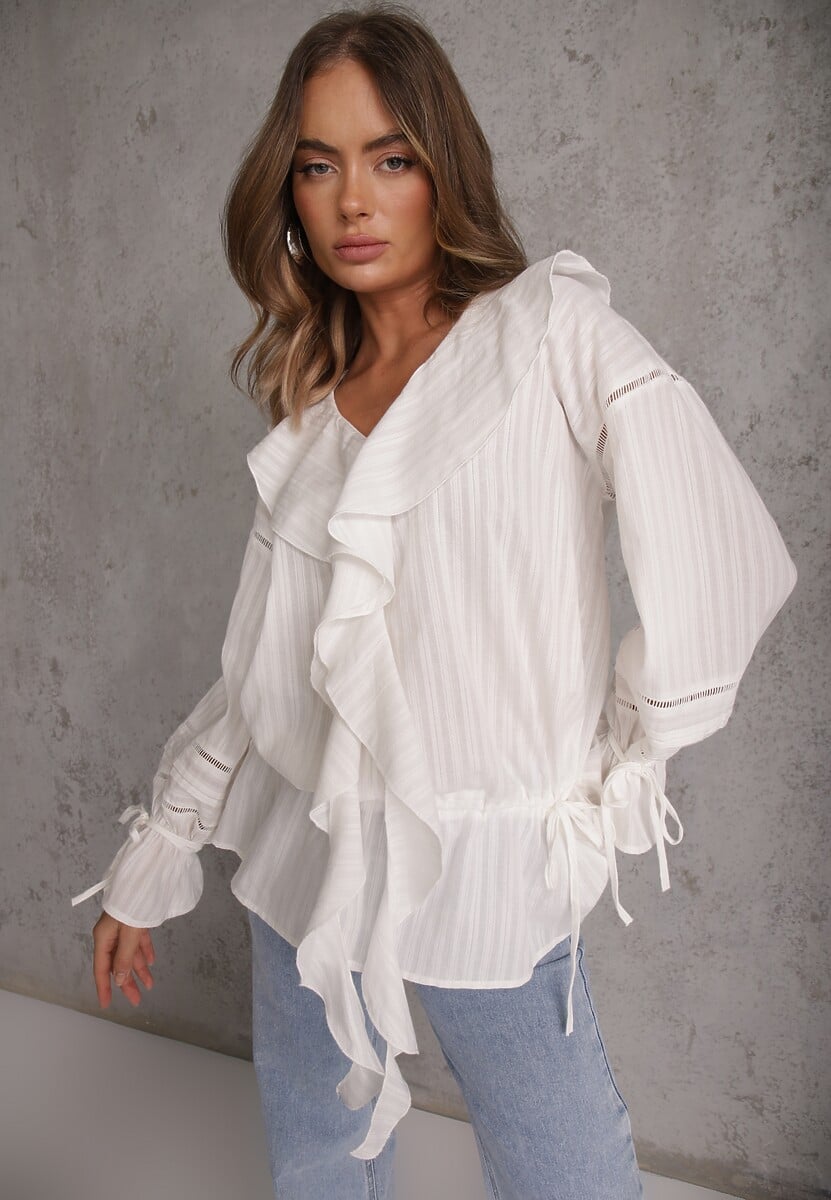 Biała Eteryczna Bluzka z Bawełny Zdobiona Falbankami i Ściągaczem w Pasie Cezarelle 1