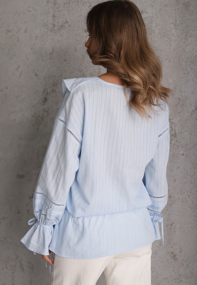 Niebieska Eteryczna Bluzka z Bawełny Zdobiona Falbankami i Ściągaczem w Pasie Cezarelle 3