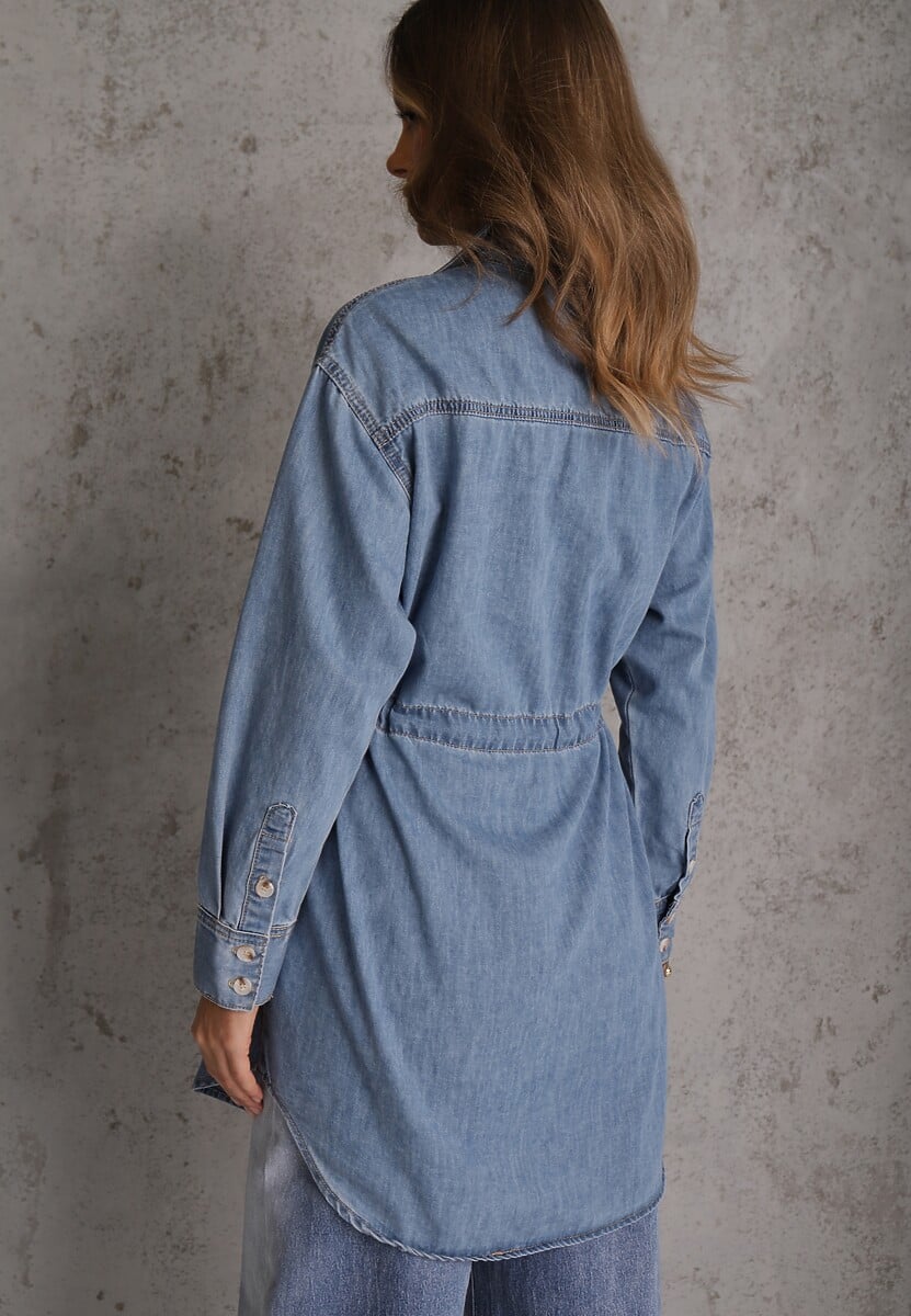 Niebieska Jeansowa Bawełniana Sukienka Koszulowa z Wiązaniem i Marszczeniem Enatta 3