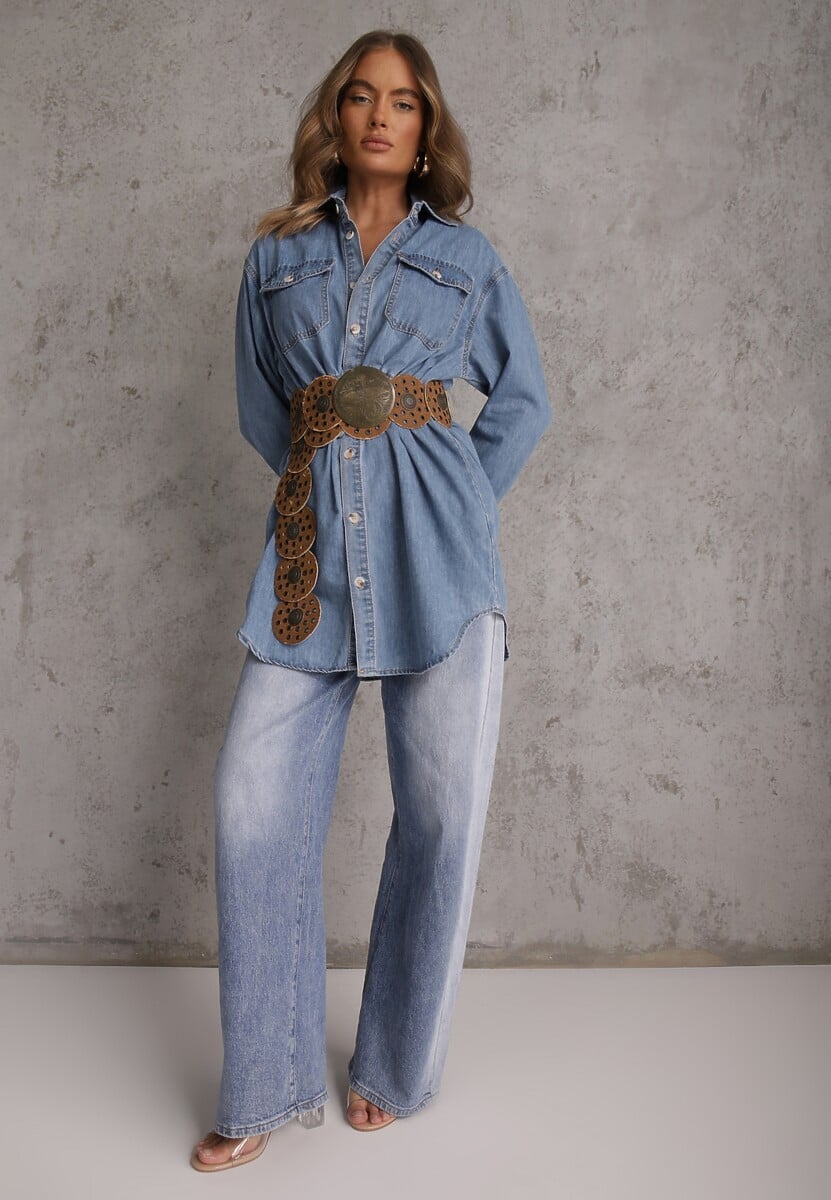 Niebieska Jeansowa Bawełniana Sukienka Koszulowa z Wiązaniem i Marszczeniem Enatta 1