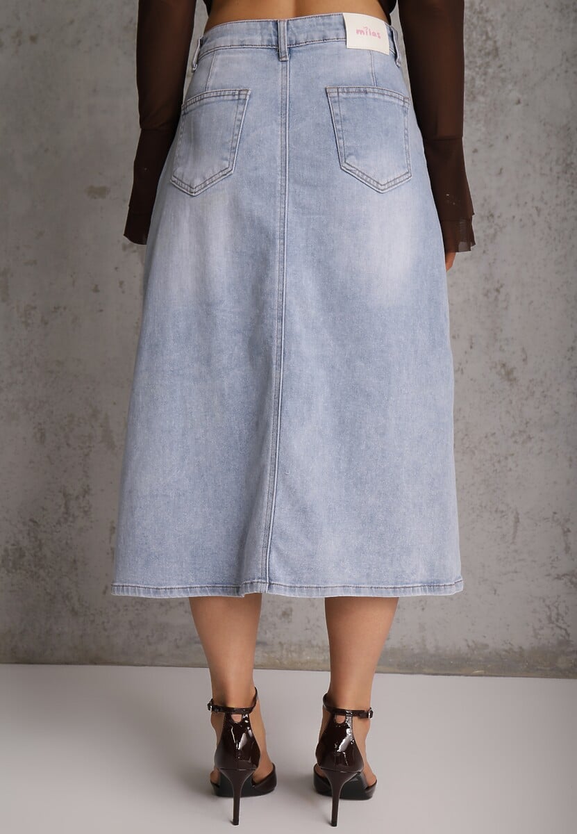 Niebieska Spódnica Jeansowa z Bawełną High Waist i Rozcięciem na Nogę Cinadessa 3