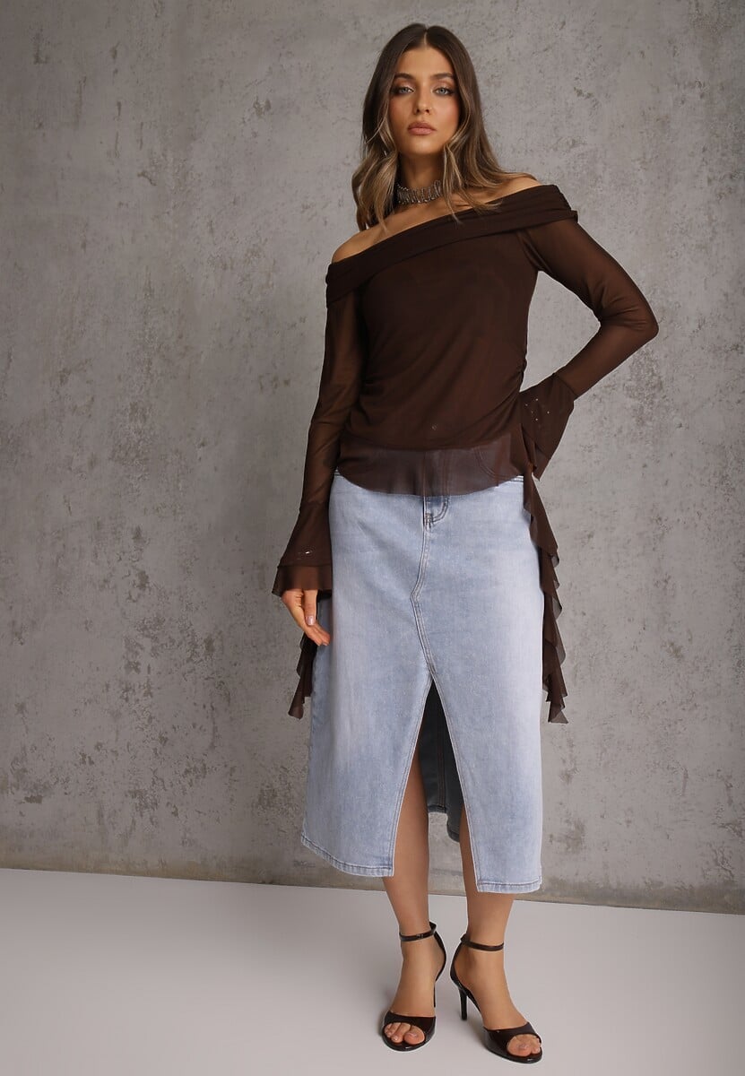 Niebieska Spódnica Jeansowa z Bawełną High Waist i Rozcięciem na Nogę Cinadessa 1