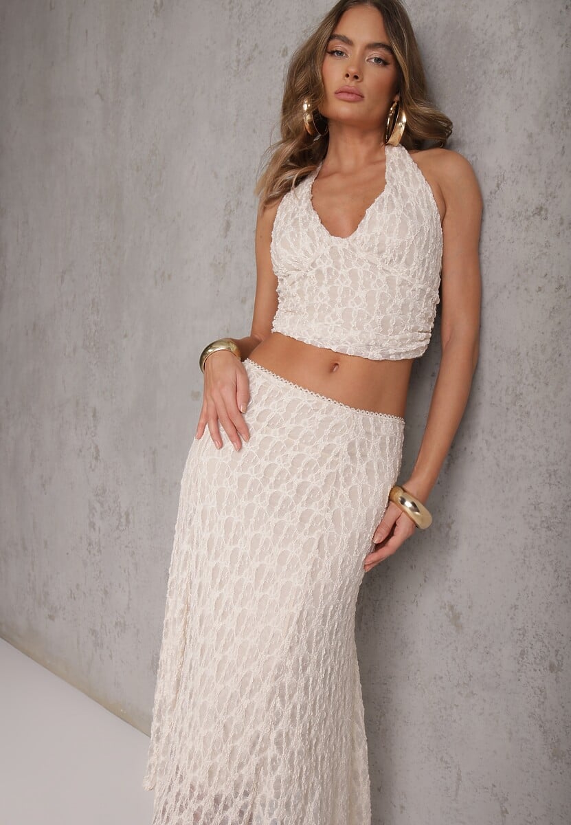 Beżowy Komplet z Koronki Spódnica i Top z Wiązaniem na Szyi  Dainetia 1