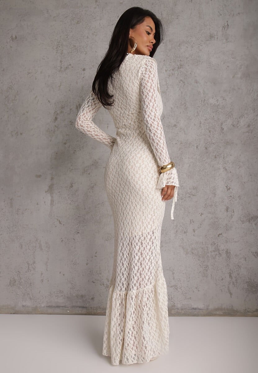 Beżowa Wieczorowa Sukienka z Koronki Zdobiona Falbanami Lunetra 3