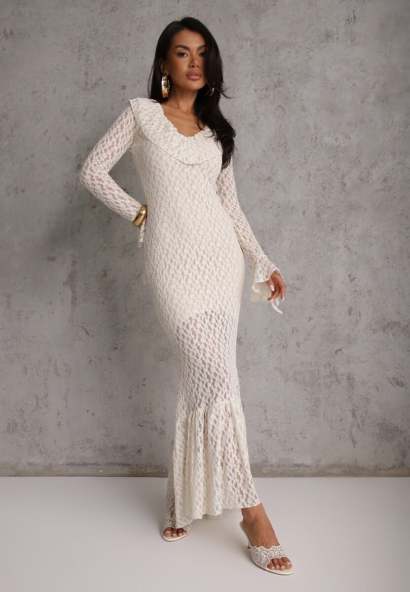 Beżowa Wieczorowa Sukienka z Koronki Zdobiona Falbanami Lunetra 1