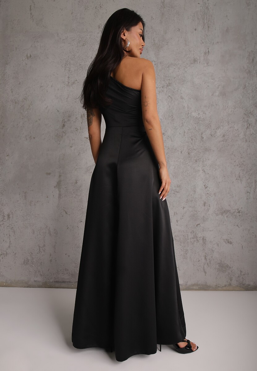 Czarna Koktajlowa Sukienka Satynowa na Jedno Ramię Zdobiona Marszczeniem Cezalina 3