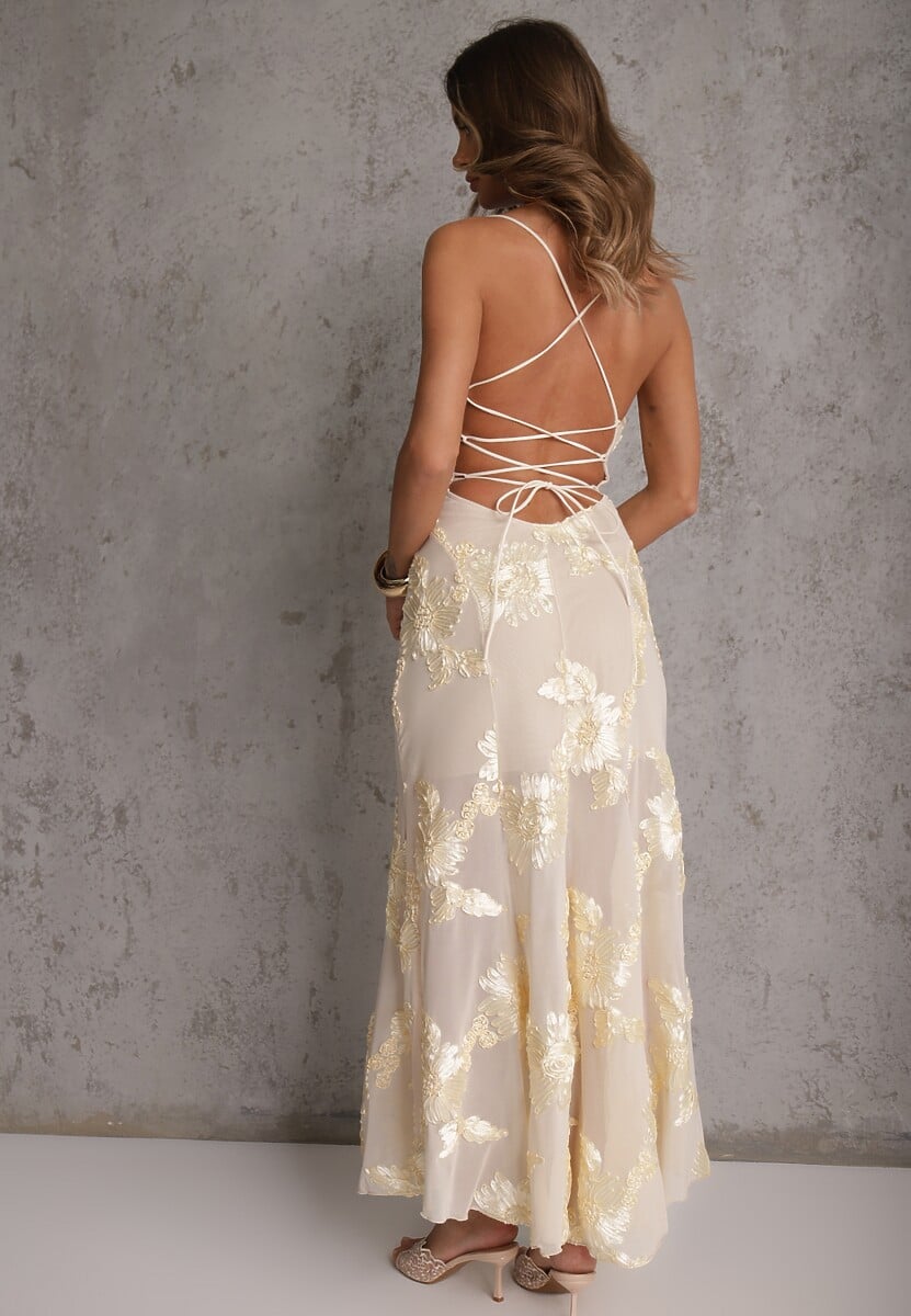 Beżowa Wieczorowa Sukienka z Siateczki z Gorsetowym Wiązaniem na Plecach Cezenna 3