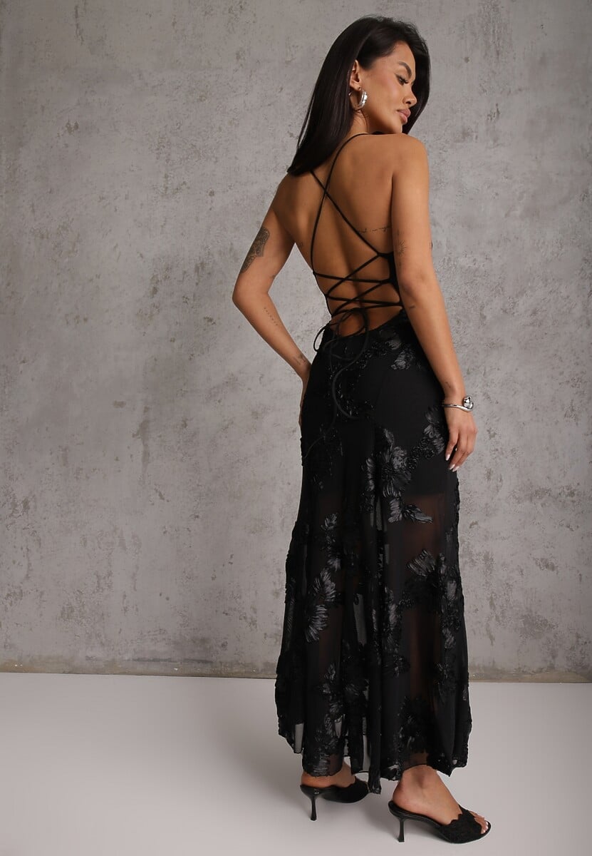 Czarna Wieczorowa Sukienka z Siateczki z Gorsetowym Wiązaniem na Plecach Cezenna 3