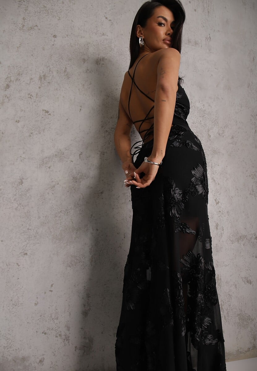 Czarna Wieczorowa Sukienka z Siateczki z Gorsetowym Wiązaniem na Plecach Cezenna 1