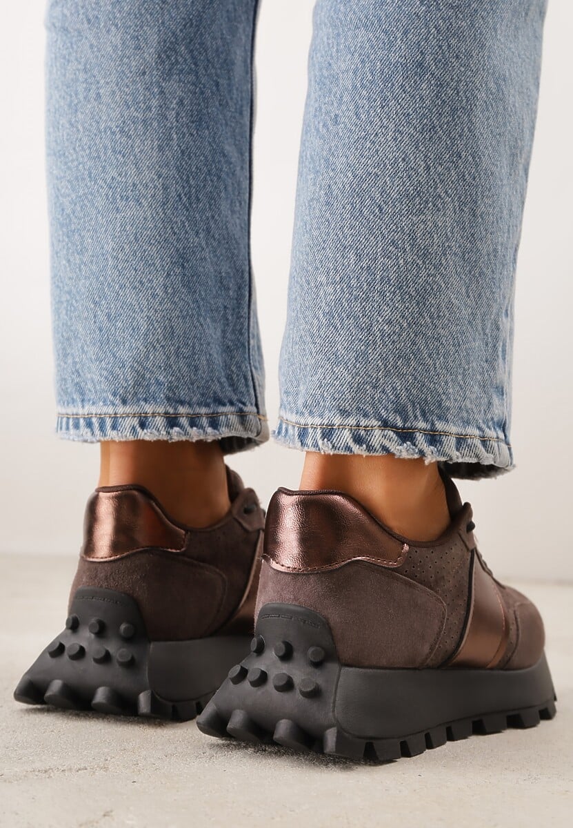 Brązowe Zamszowe Sneakersy na Podeszwie Chunky z Perforowaną Cholewką Cezarlina 3