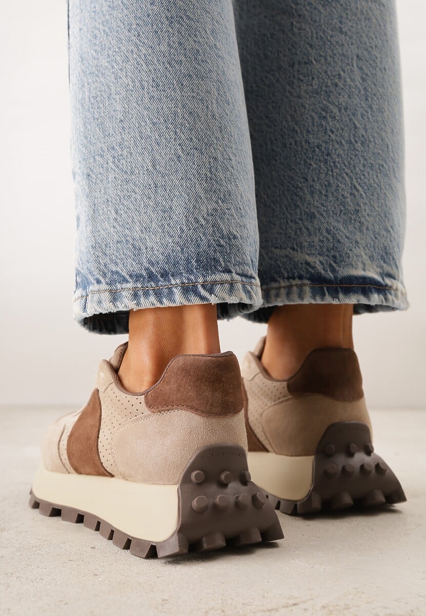 Ciemnobeżowe Zamszowe Sneakersy na Podeszwie Chunky z Perforowaną Cholewką Cezarlina 3