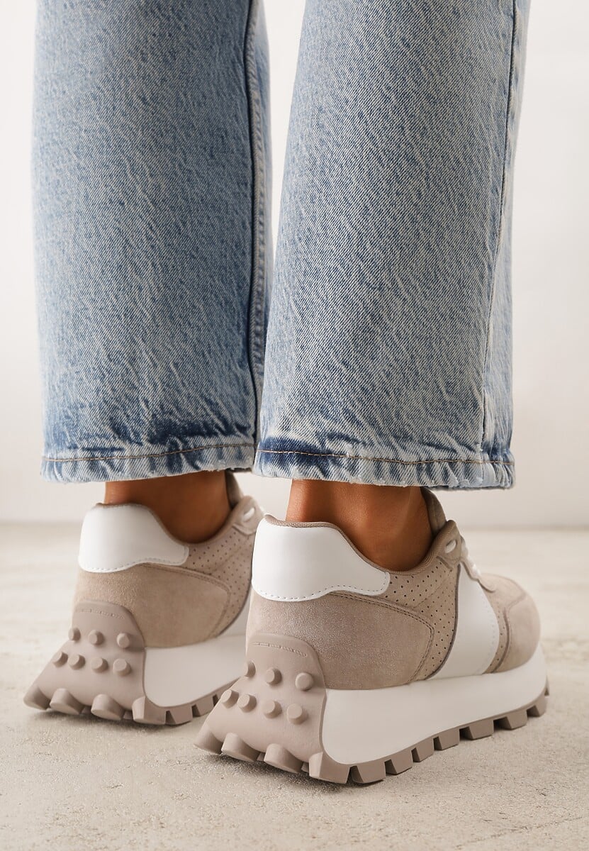 Beżowe Zamszowe Sneakersy na Podeszwie Chunky z Perforowaną Cholewką Cezarlina 3