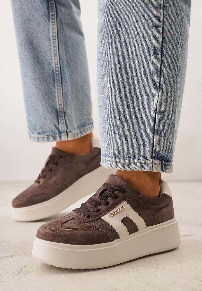 Brązowe Perforowane Sneakersy Chunky ze Skóry Naturalnej na Platformie Silvanatea 1