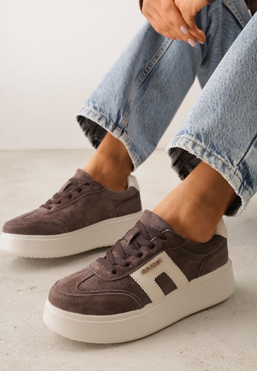 Brązowe Perforowane Sneakersy Chunky ze Skóry Naturalnej na Platformie Silvanatea 2