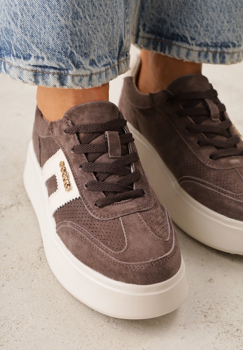 Brązowe Perforowane Sneakersy Chunky ze Skóry Naturalnej na Platformie Silvanatea 3