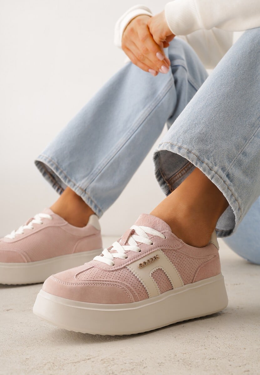 Różowe Perforowane Sneakersy Chunky ze Skóry Naturalnej na Platformie Silvanatea 2