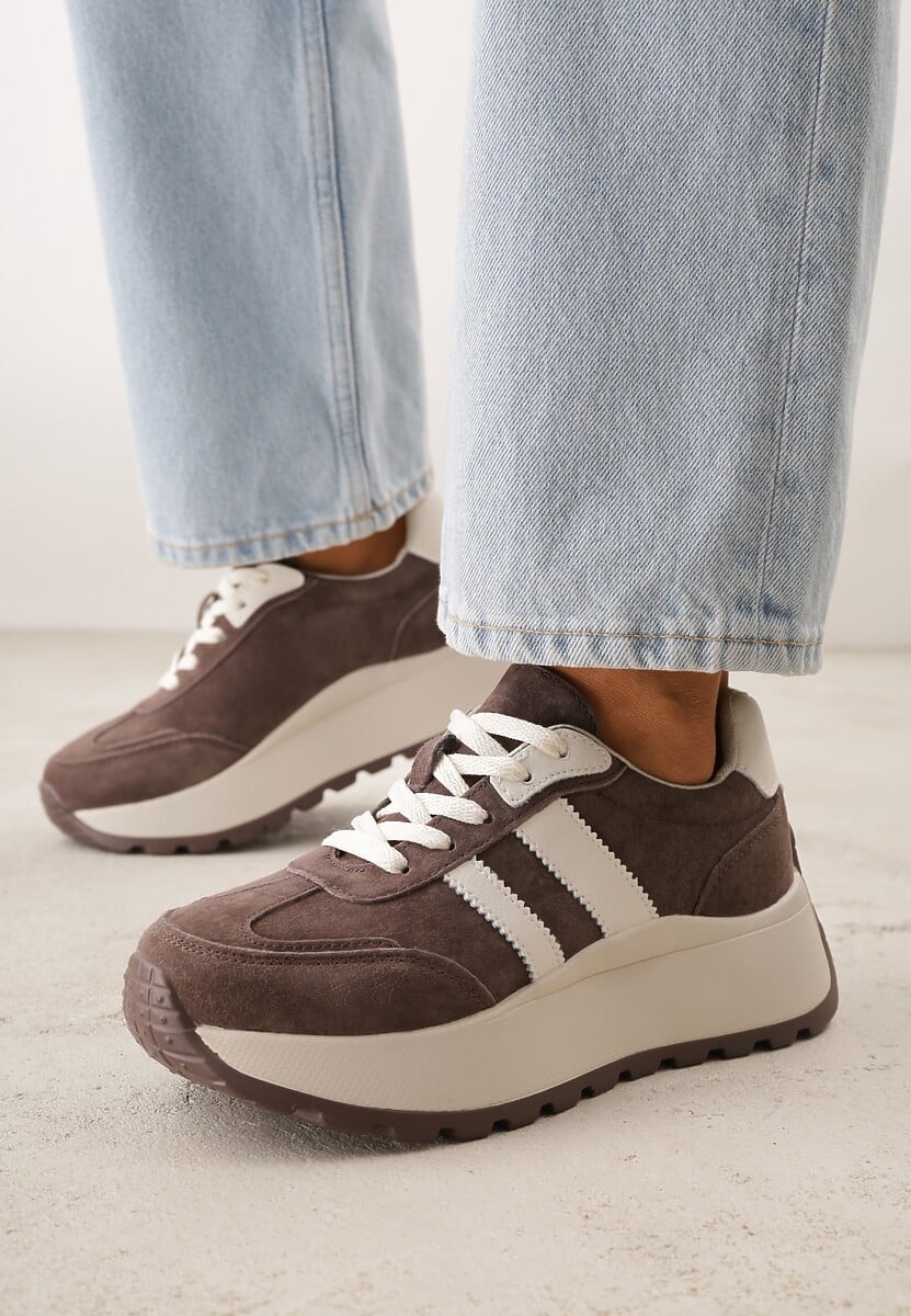 Brązowe Sneakersy ze Skóry Naturalnej na Platformie Cezella 3
