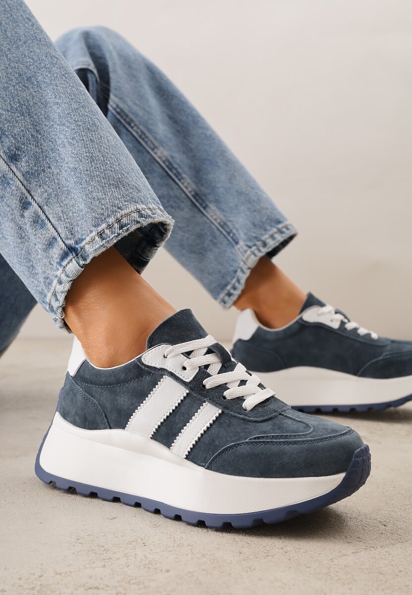 Granatowe Sneakersy ze Skóry Naturalnej na Platformie Cezella 1