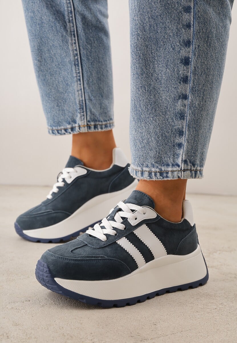 Granatowe Sneakersy ze Skóry Naturalnej na Platformie Cezella 2