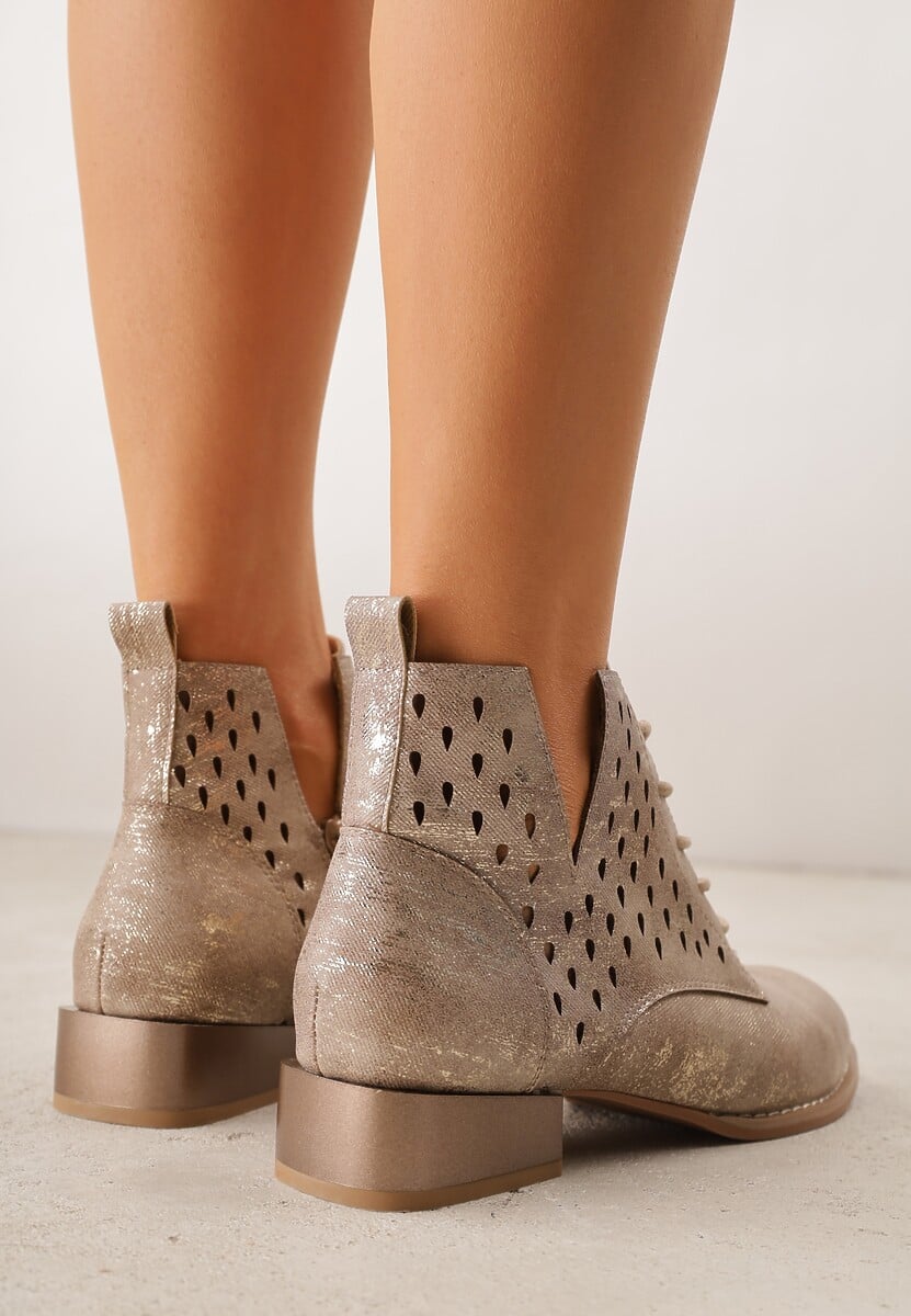 Jasnobrązowe Botki ze Skórzaną Wkładką i Ażurowym Wzorem Nantiela 3