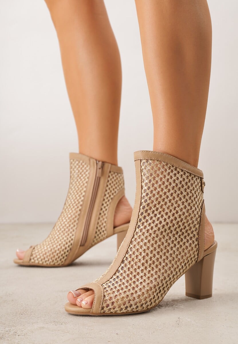 Beżowe Botki Peep Toe z Plecionki na Słupku ze Skórzaną Wkładką Alenika 2