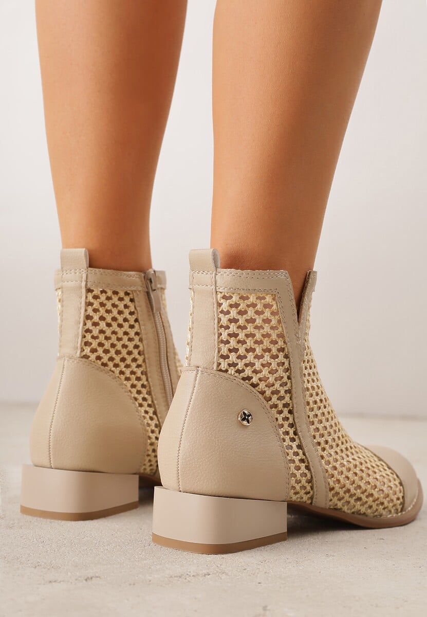 Beżowe Plecione Botki z Wkładką ze Skóry Naturalnej Nadelle 3