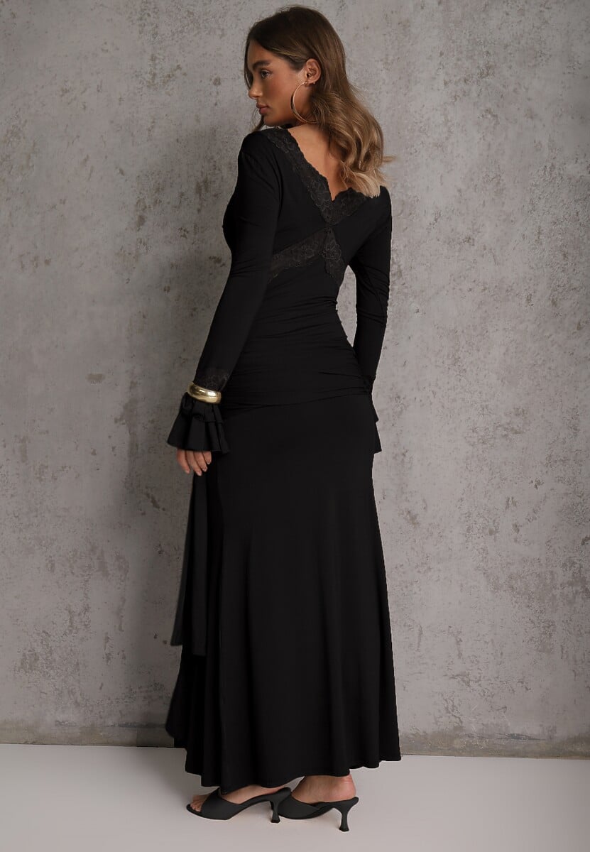 Czarna Wiskozowa Sukienka Wieczorowa z Falbanami Koronką i Wiązanym Trenem Lenivna 3