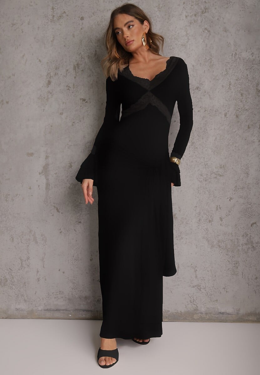 Czarna Wiskozowa Sukienka Wieczorowa z Falbanami Koronką i Wiązanym Trenem Lenivna 2