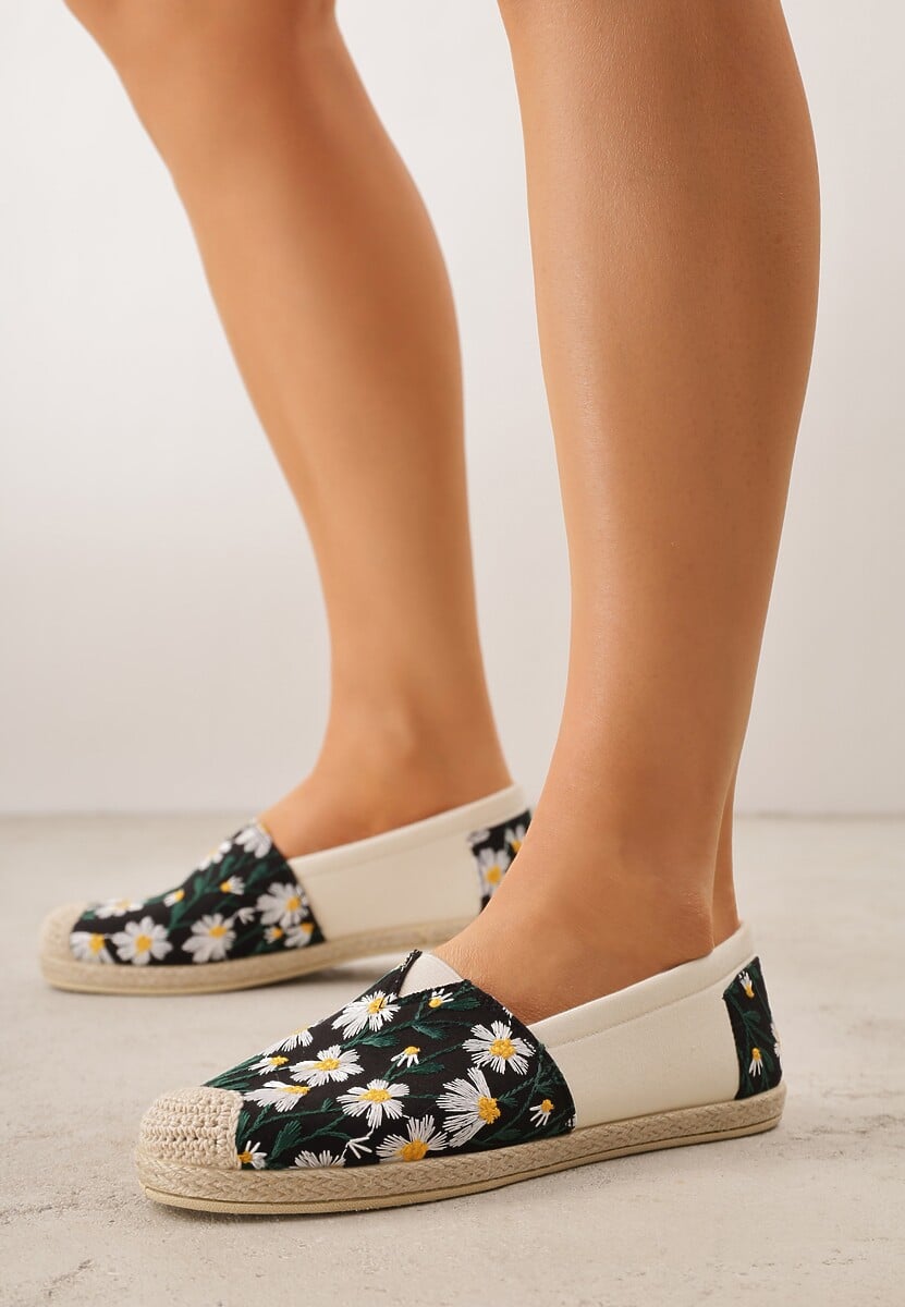 Czarne Espadryle Ozdobione Kwiatowym Haftem i Plecionką Kiranth 2