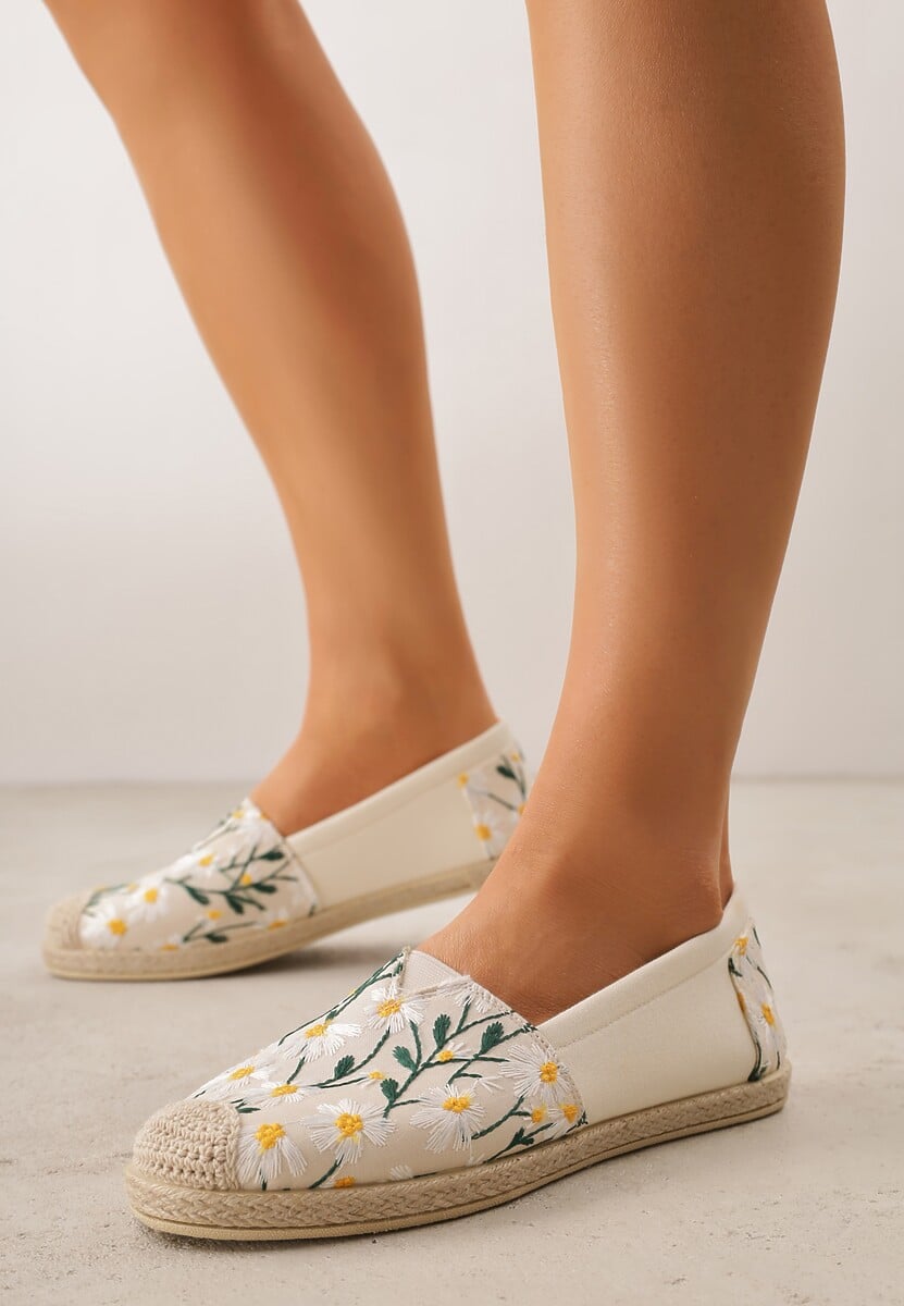 Beżowe Espadryle Ozdobione Kwiatowym Haftem i Plecionką Kiranth 2