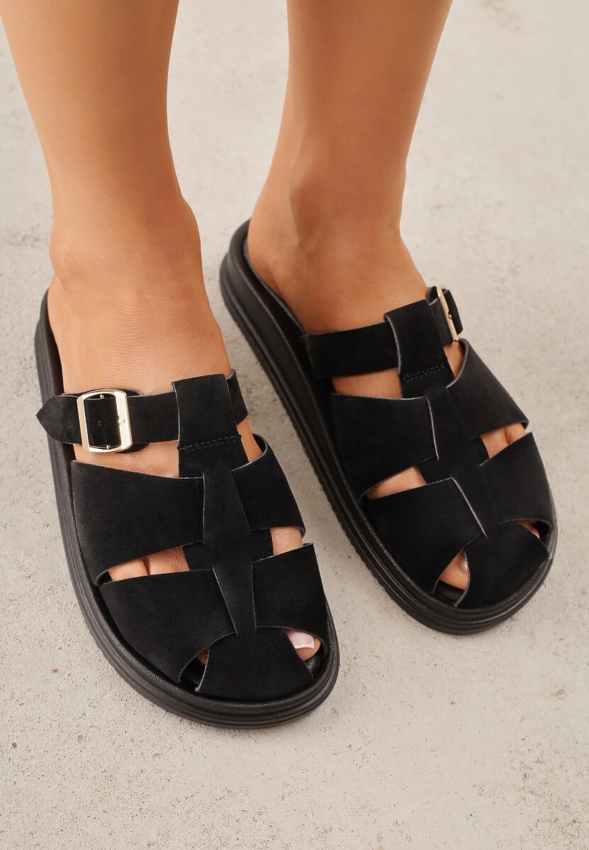 Czarne Klapki z Zakrytym Noskiem i Ozdobnymi Paskami z Klamerką Themine 3