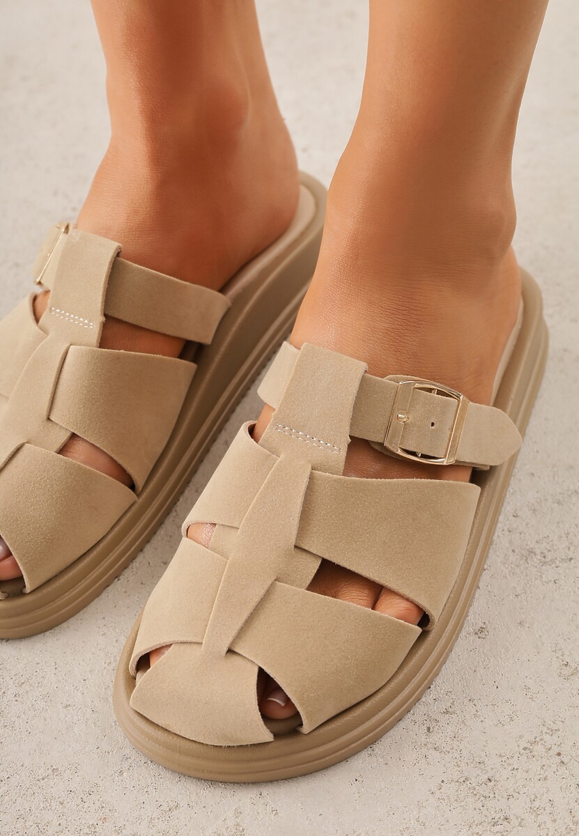 Beżowe Klapki z Zakrytym Noskiem i Ozdobnymi Paskami z Klamerką Themine 3