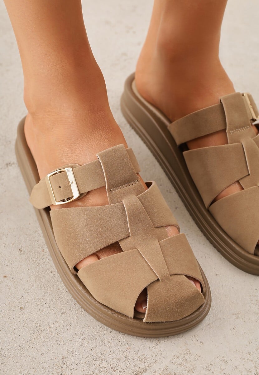 Ciemnobeżowe Klapki z Zakrytym Noskiem i Ozdobnymi Paskami z Klamerką Themine 3