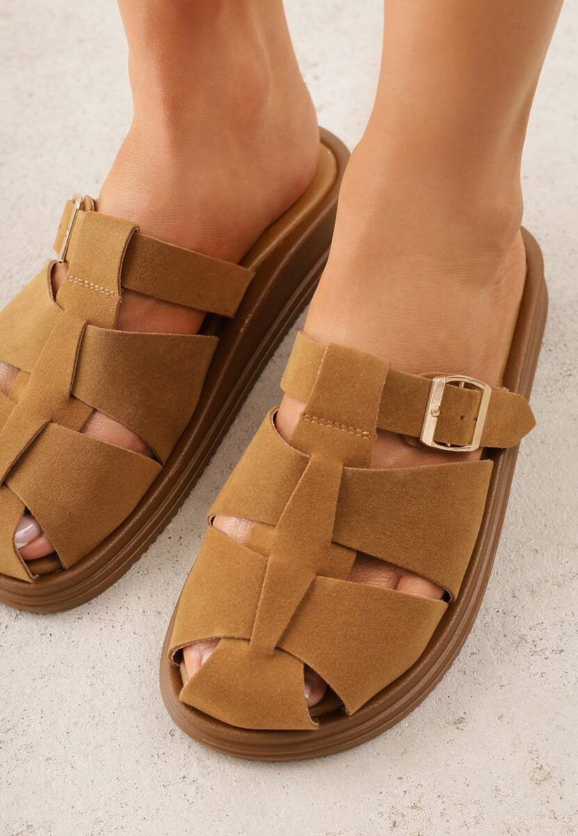 Brązowe Klapki z Zakrytym Noskiem i Ozdobnymi Paskami z Klamerką Themine 3