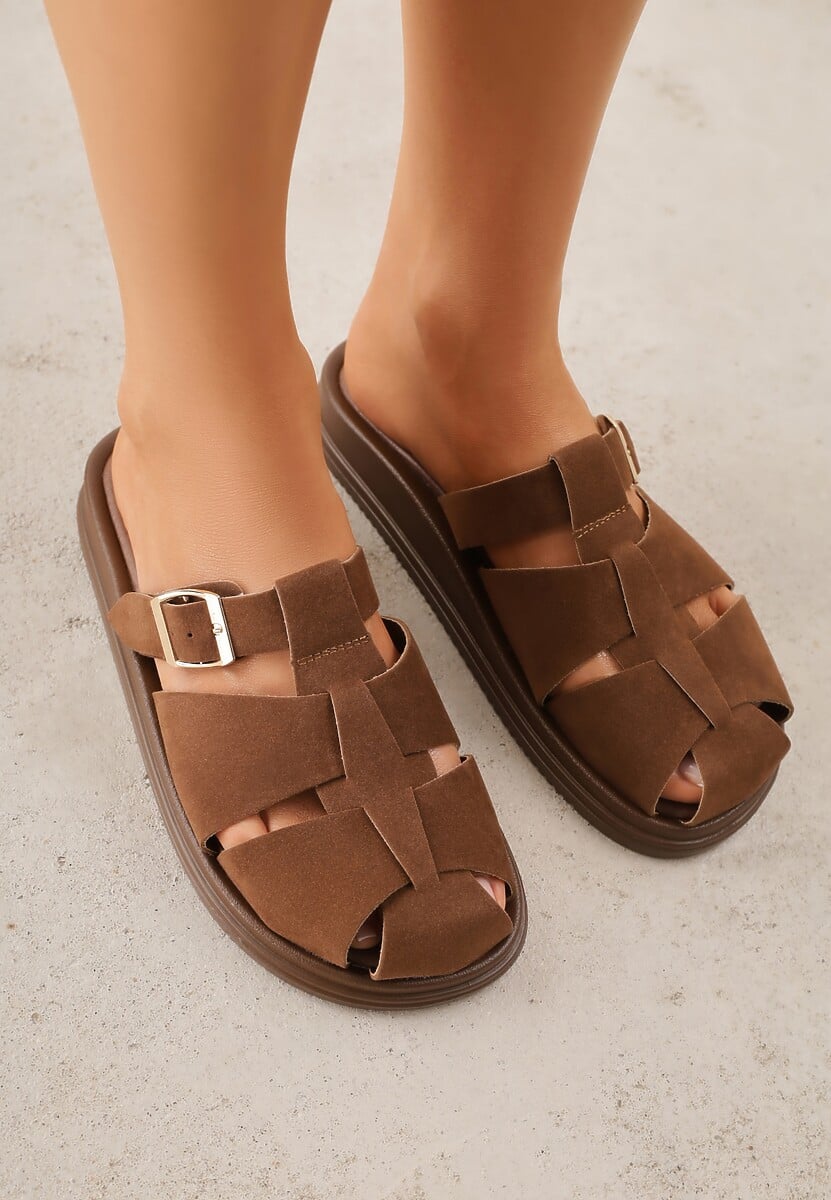 Brązowe Klapki z Zakrytym Noskiem i Ozdobnymi Paskami z Klamerką Themine 3