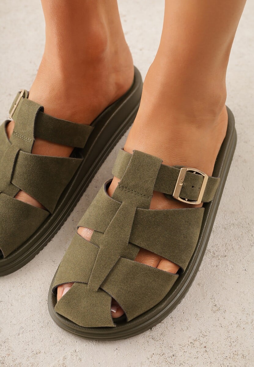 Zielone Klapki z Zakrytym Noskiem i Ozdobnymi Paskami z Klamerką Themine 3