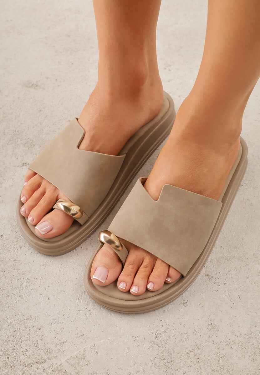 Ciemnobeżowe Klapki Japonki Ozdobione Aplikacją na Palcu Noevianna 2