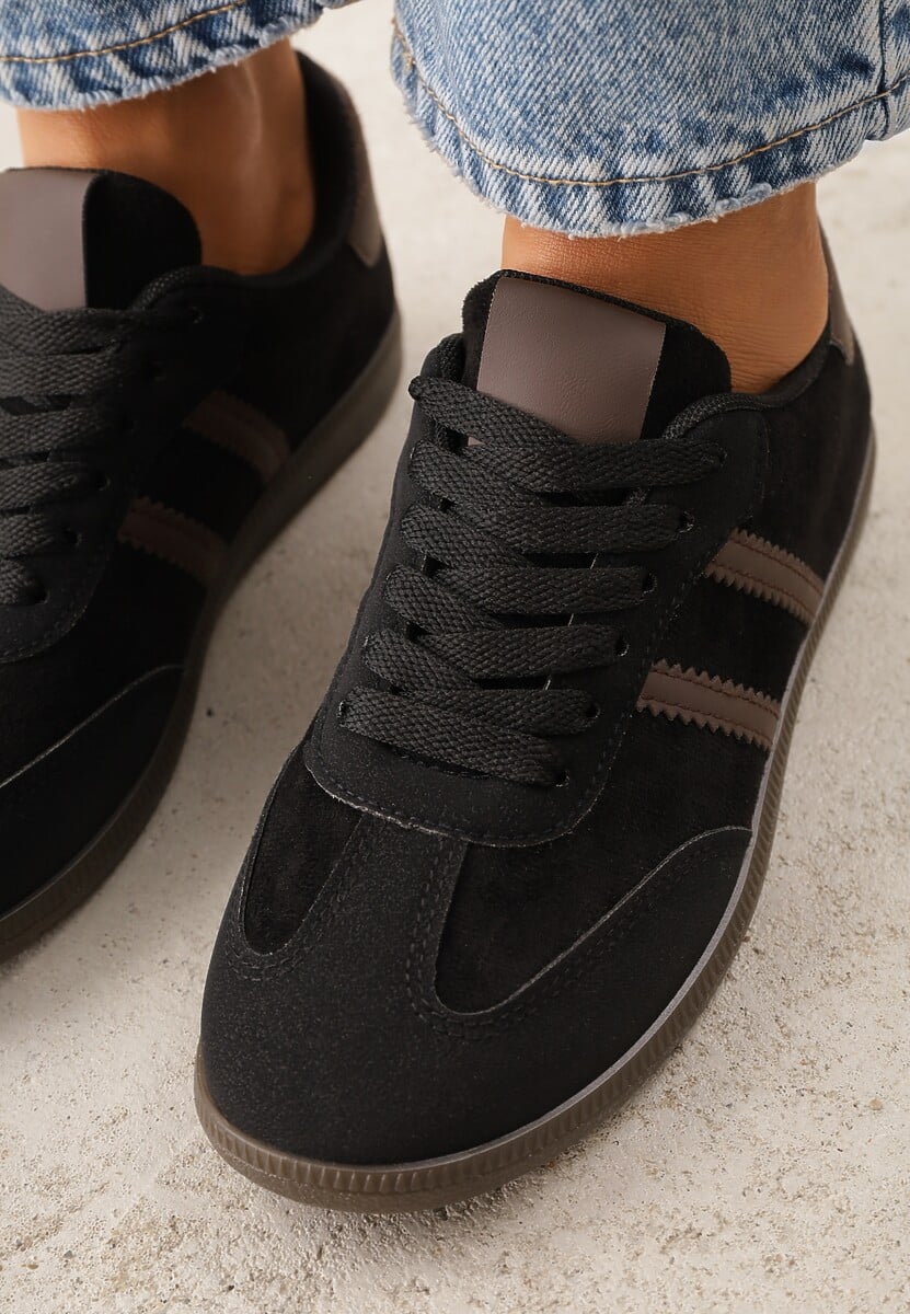 Czarno-Brązowe Casualowe Sneakersy z Ekozamszu na Płaskiej Podeszwie Pemeriana 3