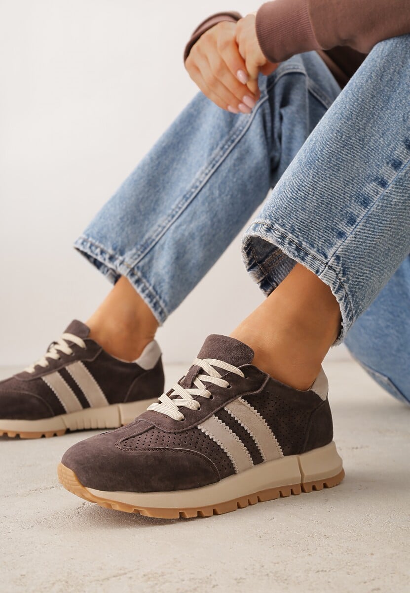 Brązowe Sneakersy z Zamszu Naturalnego z Ozdobnymi Paskami i Perforacją Ravinelle 1