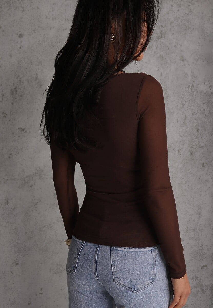 Ciemnobrązowa Bluzka Longsleeve z Siateczki z Wiskozą z Dekoltem w Serce Elinevia 3