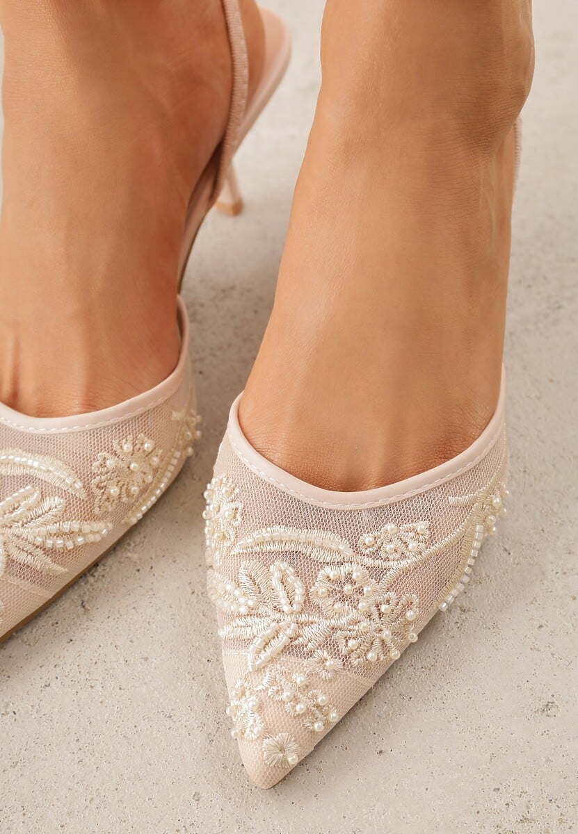 Beżowe Siateczkowe Czółenka na Szpilce z Haftami i Perełkami Branira 3
