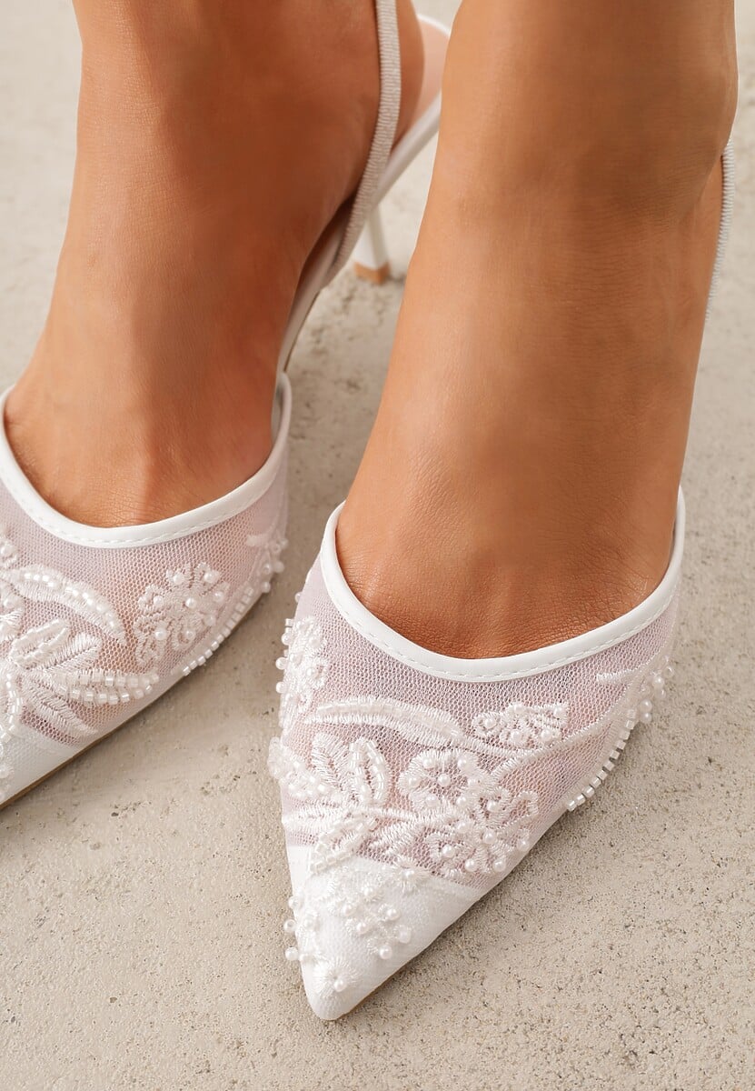 Białe Siateczkowe Czółenka na Szpilce z Haftami i Perełkami Branira 3