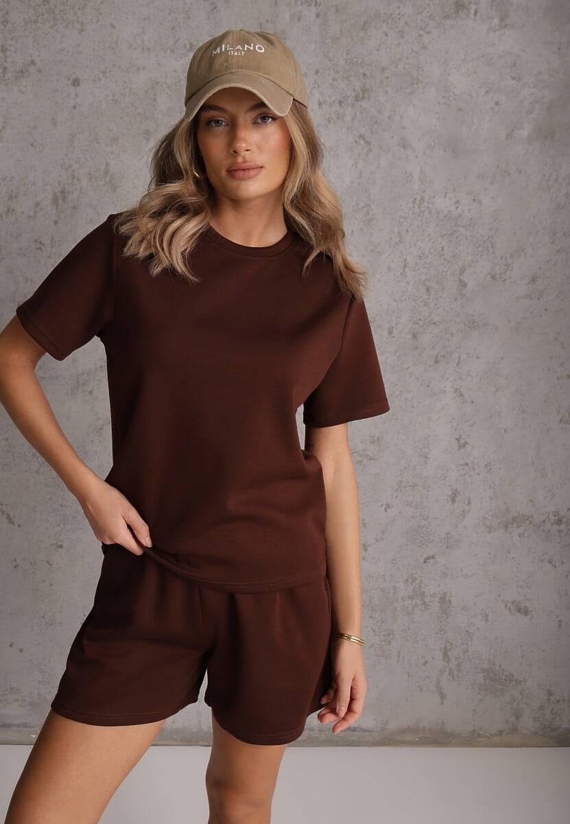 Brązowy Bawełniano-Wiskozowy Komplet Sportowy T-shirt i Szorty Areinna 2
