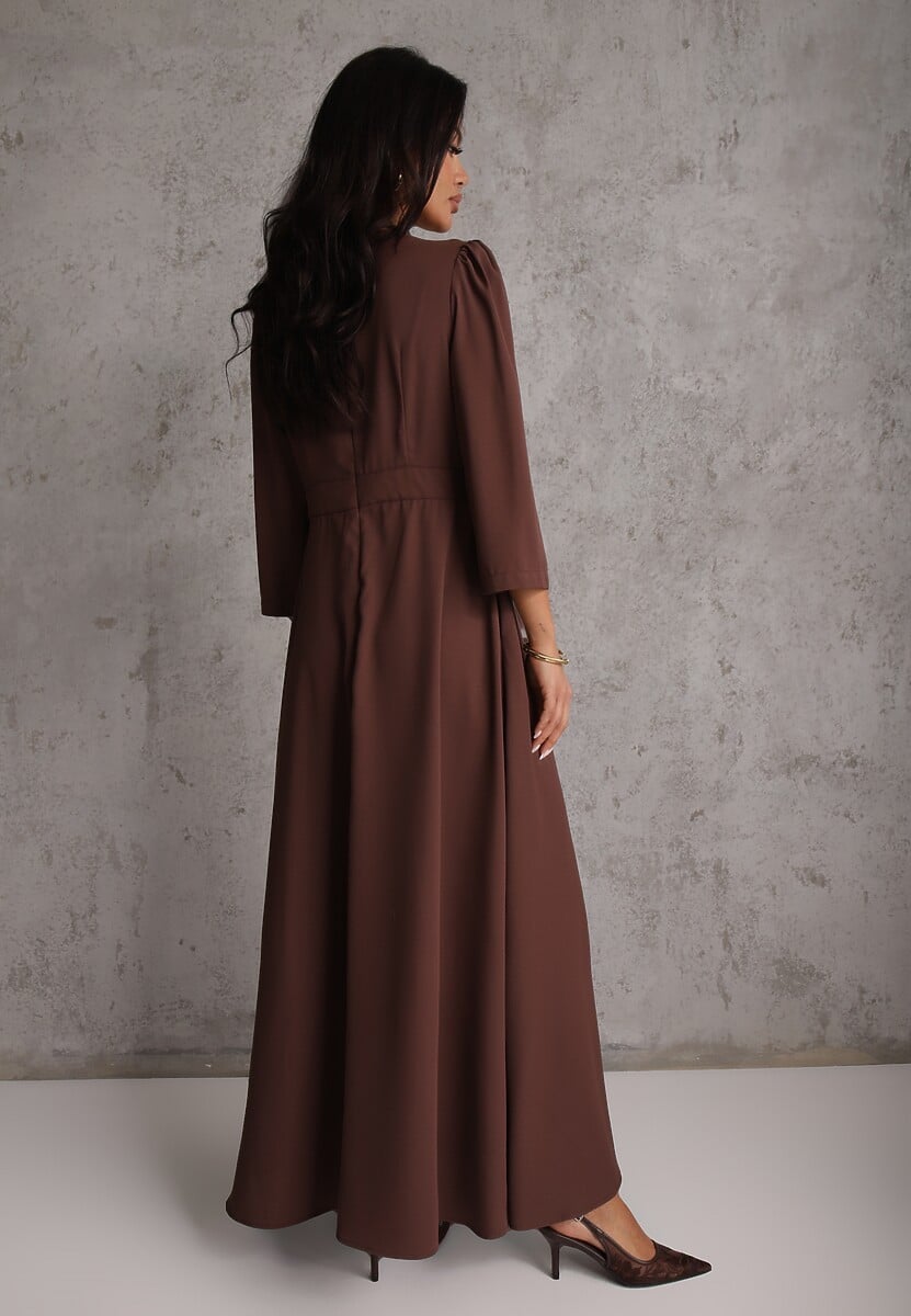 Brązowa Elegancka Sukienka o Kopertowym Kroju Zdobiona Aplikacją w Talii Zilendra 3