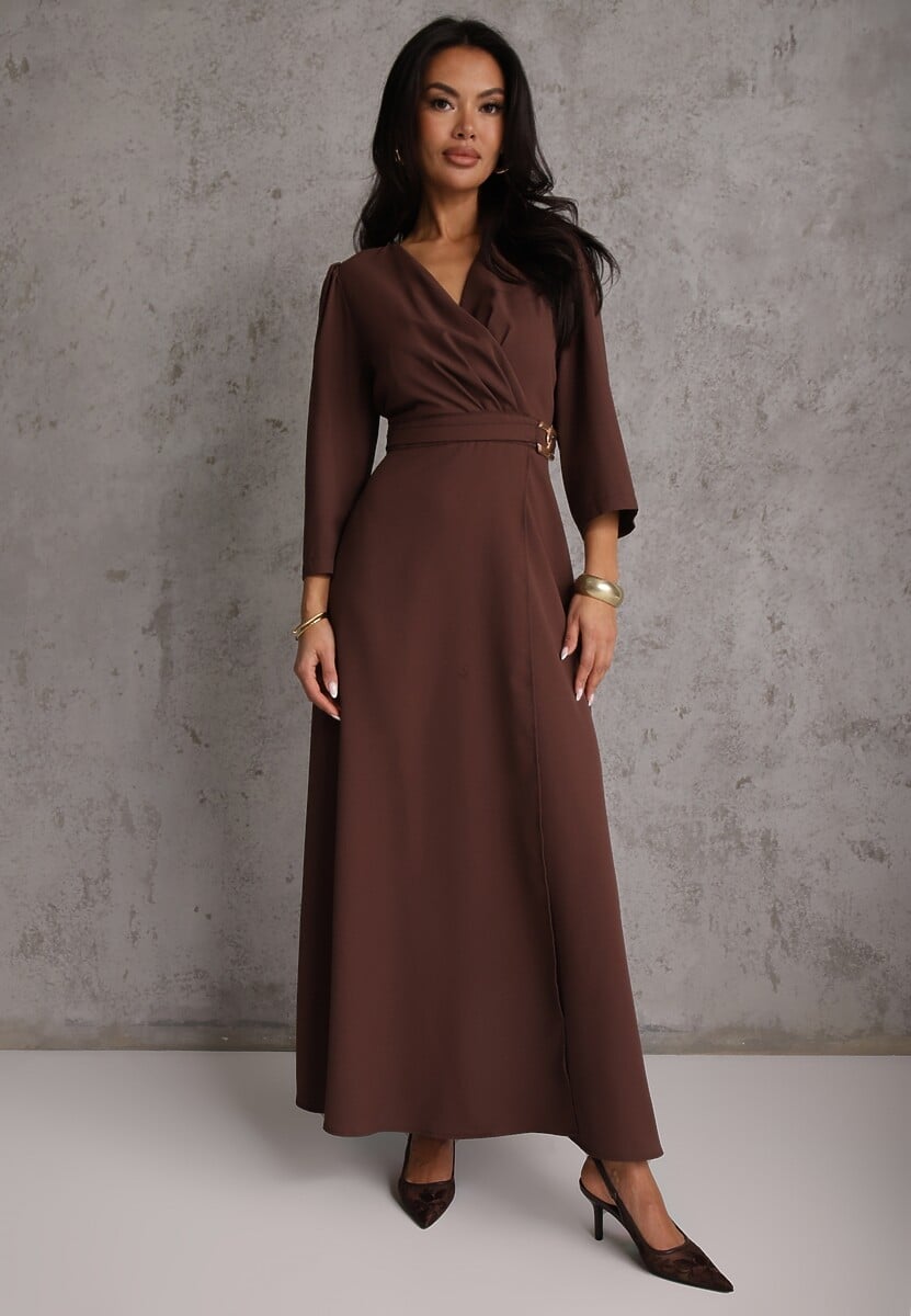 Brązowa Elegancka Sukienka o Kopertowym Kroju Zdobiona Aplikacją w Talii Zilendra 1