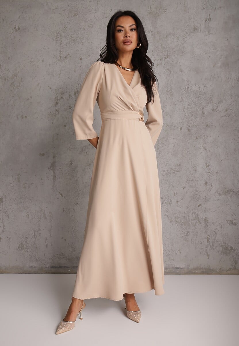 Beżowa Elegancka Sukienka o Kopertowym Kroju Zdobiona Aplikacją w Talii Zilendra 1