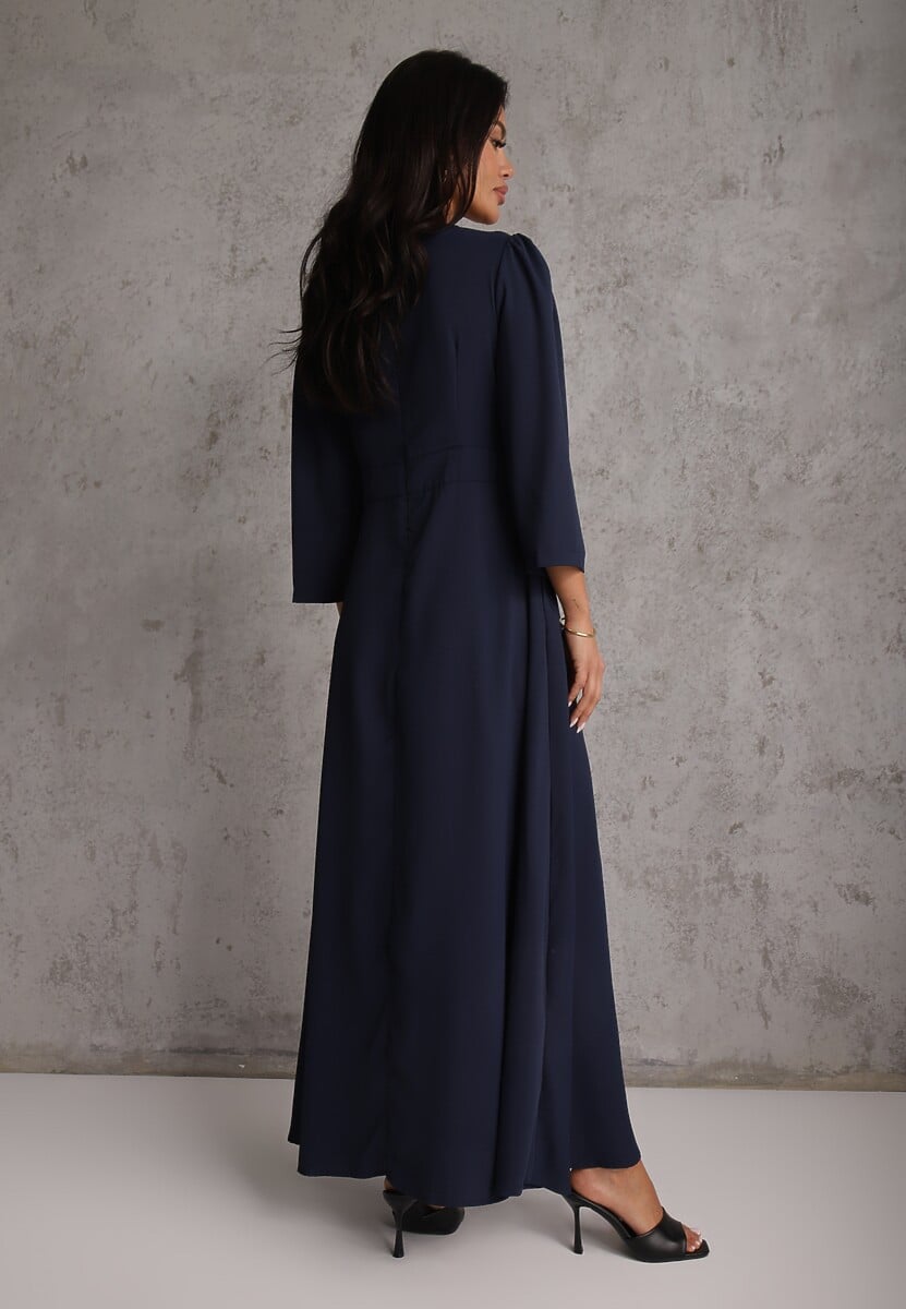 Granatowa Elegancka Sukienka o Kopertowym Kroju Zdobiona Aplikacją w Talii Zilendra 3