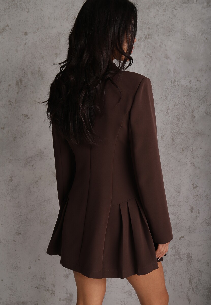 Brązowa Rozkloszowana Sukienka Marynarka VICES z Usztywnianymi Ramionami Ilarita 3