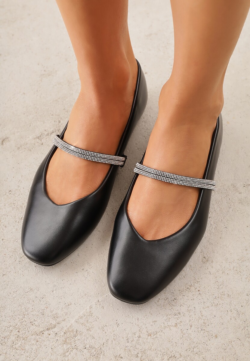 Czarne Balerinki w Stylu Mary Jane z Paskiem z Cyrkoniami Cireris 1