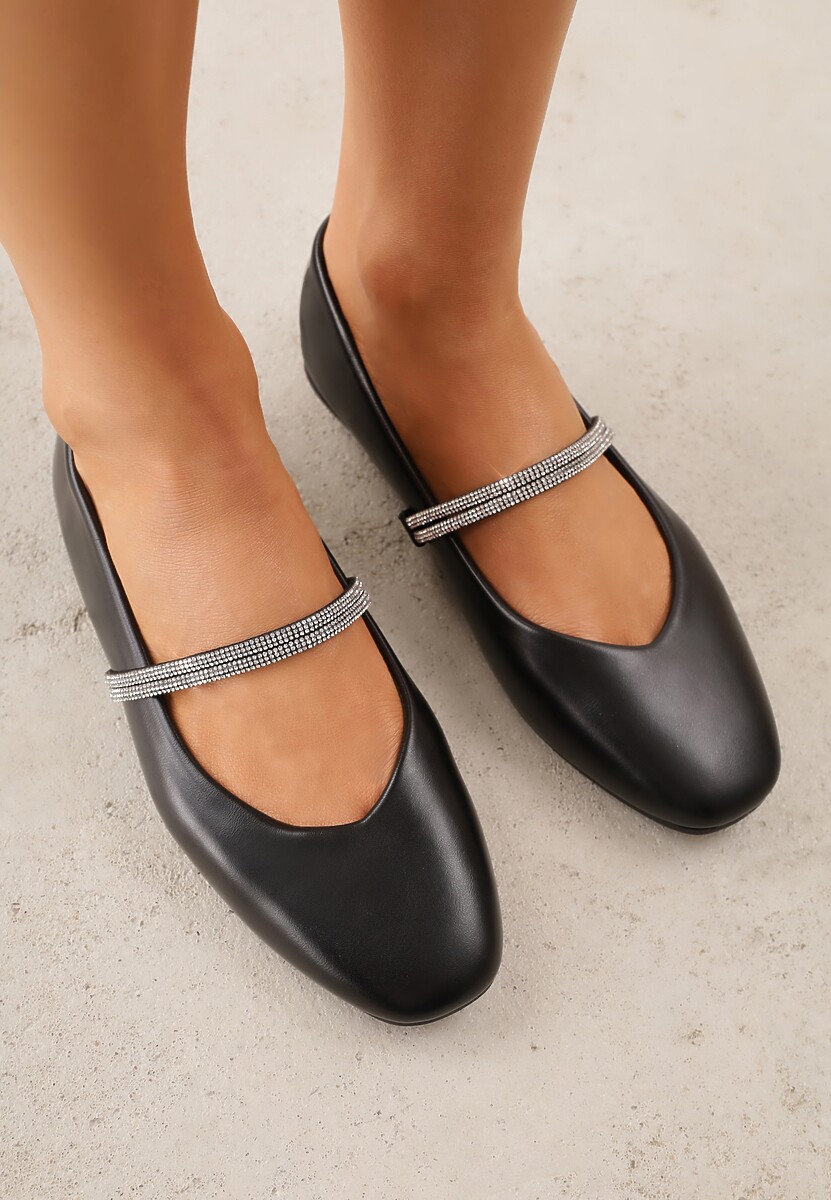 Czarne Balerinki w Stylu Mary Jane z Paskiem z Cyrkoniami Cireris 2